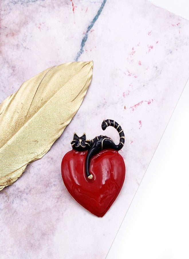 LAXPICOL Lovely Red Black Enamel Cat And Heart Brooch Valentine's Day Gift For Girlfriend Broach Pin - Image 4