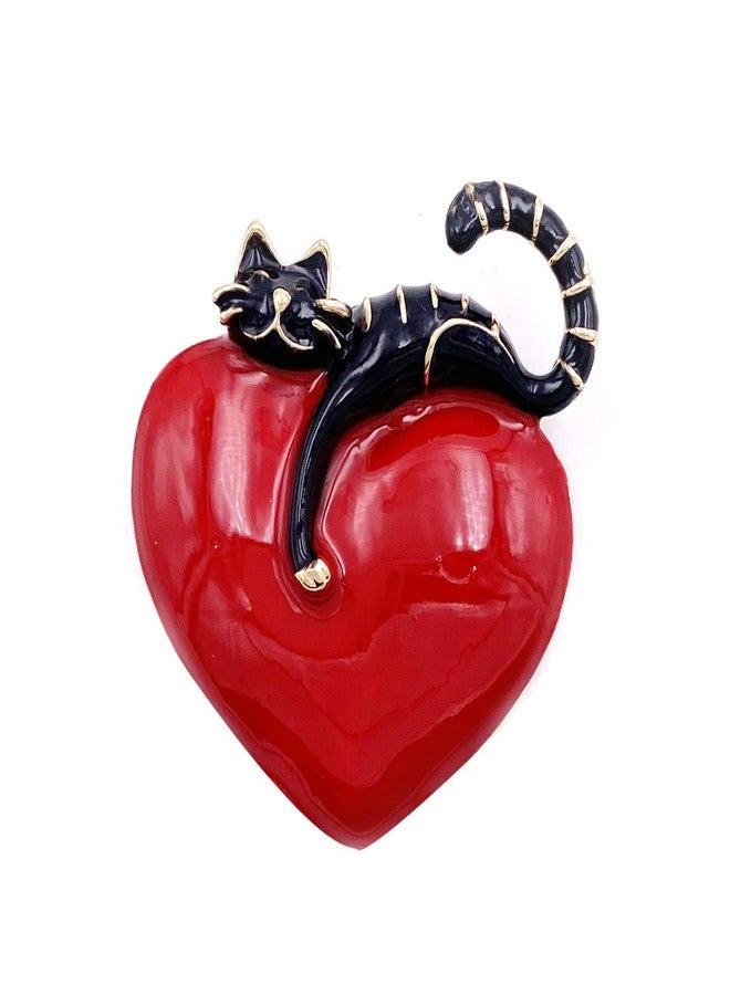 LAXPICOL Lovely Red Black Enamel Cat And Heart Brooch Valentine's Day Gift For Girlfriend Broach Pin - Image 1