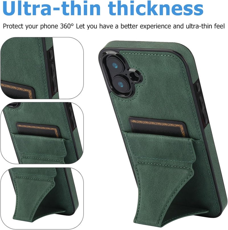Wallet Case for iPhone 16 Pro Max/16 Pro/16 Plus/16,Invisible Kickstand Leather Cover with Card Slot Anti-Fall Protection Case (Green,16 ProMax) - Image 4