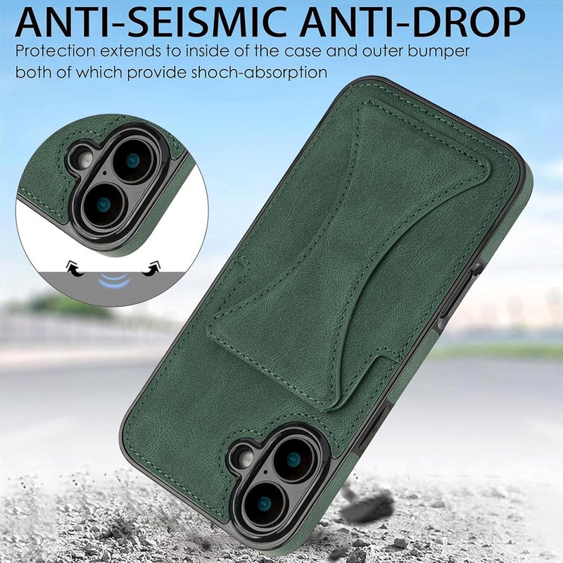 Wallet Case for iPhone 16 Pro Max/16 Pro/16 Plus/16,Invisible Kickstand Leather Cover with Card Slot Anti-Fall Protection Case (Green,16 ProMax) - Image 5