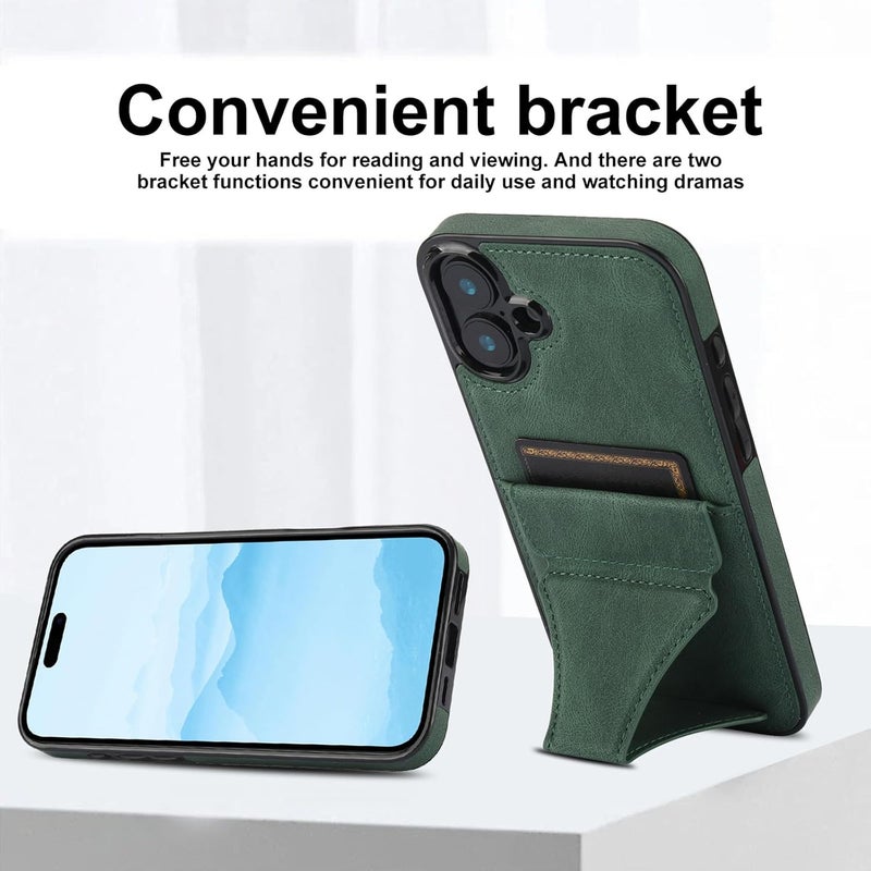 Wallet Case for iPhone 16 Pro Max/16 Pro/16 Plus/16,Invisible Kickstand Leather Cover with Card Slot Anti-Fall Protection Case (Green,16 ProMax) - Image 3