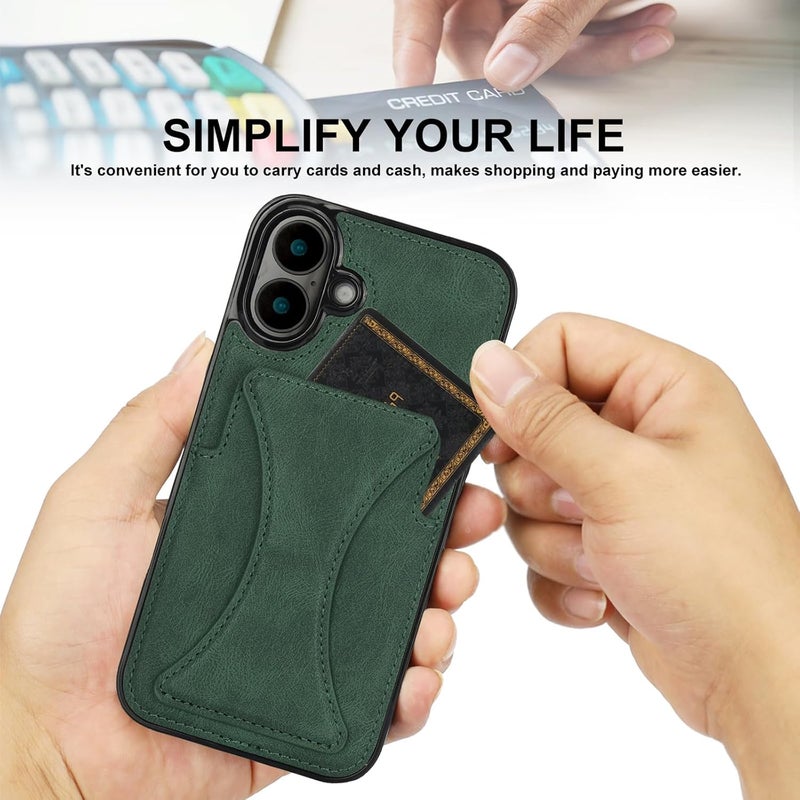 Wallet Case for iPhone 16 Pro Max/16 Pro/16 Plus/16,Invisible Kickstand Leather Cover with Card Slot Anti-Fall Protection Case (Green,16 ProMax) - Image 2