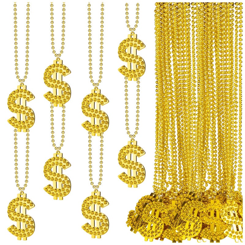 JMZYJZH 25 Pcs Gold Dollar Sign Necklace, Fake Money Chain Necklace, Jewelry Mardi Gras Beads Bling Gold Chain with Dollar Sign, for Hip Hop Men Rapper Costume Accessories - Image 1
