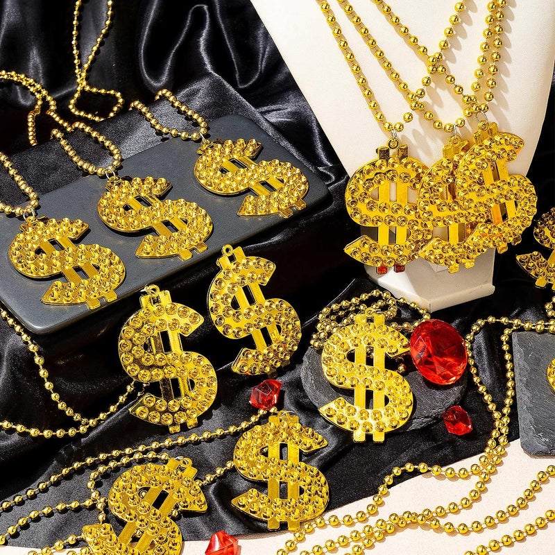 JMZYJZH 25 Pcs Gold Dollar Sign Necklace, Fake Money Chain Necklace, Jewelry Mardi Gras Beads Bling Gold Chain with Dollar Sign, for Hip Hop Men Rapper Costume Accessories - Image 3