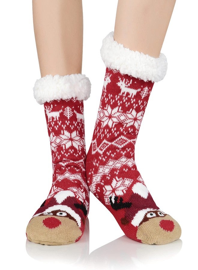 Zando Women's Winter Cozy Animal Fuzzy Slipper Socks with Grippers - Super Soft Warm Fleece Lined Non Slip Comfy Fluffy Sleeping Cabin Socks Slippers - Christmas Hat Moose - Image 1