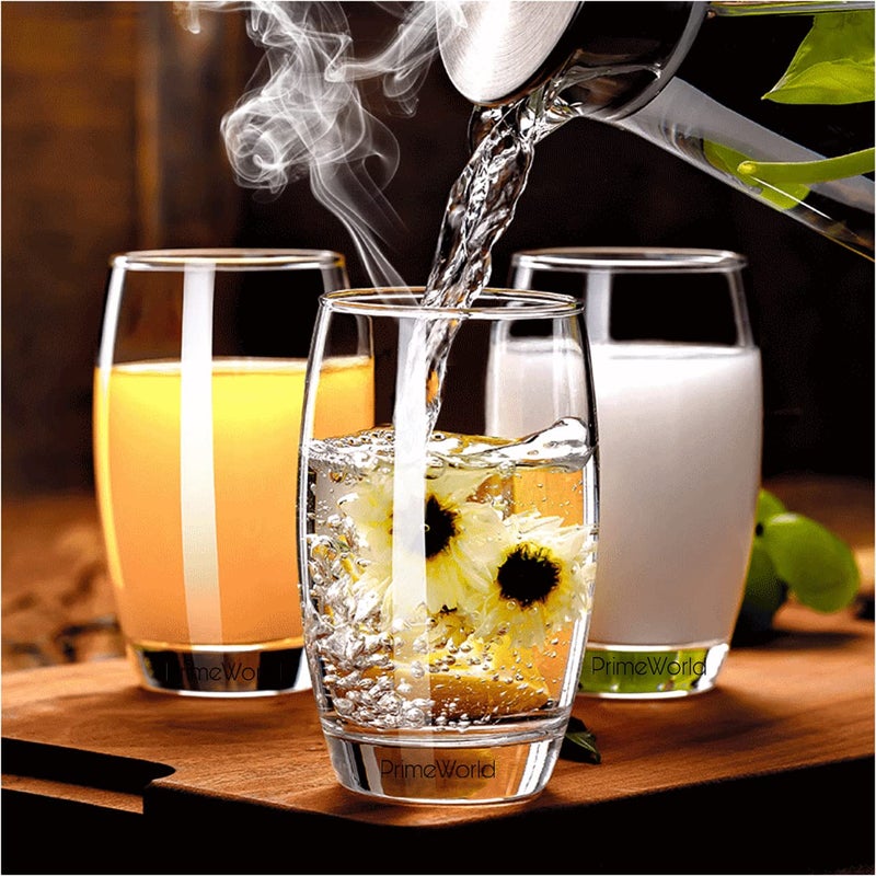 PrimeWorld European Barrel Plain 300 ml Clear Water Glasses Set of 6 pcs - Tall Drinking Glasses for- Water, Juice, Cold Drink, Mojito, Cocktail, Lead-Free, Perfect for Home, Restaurants and Parties - Image 1