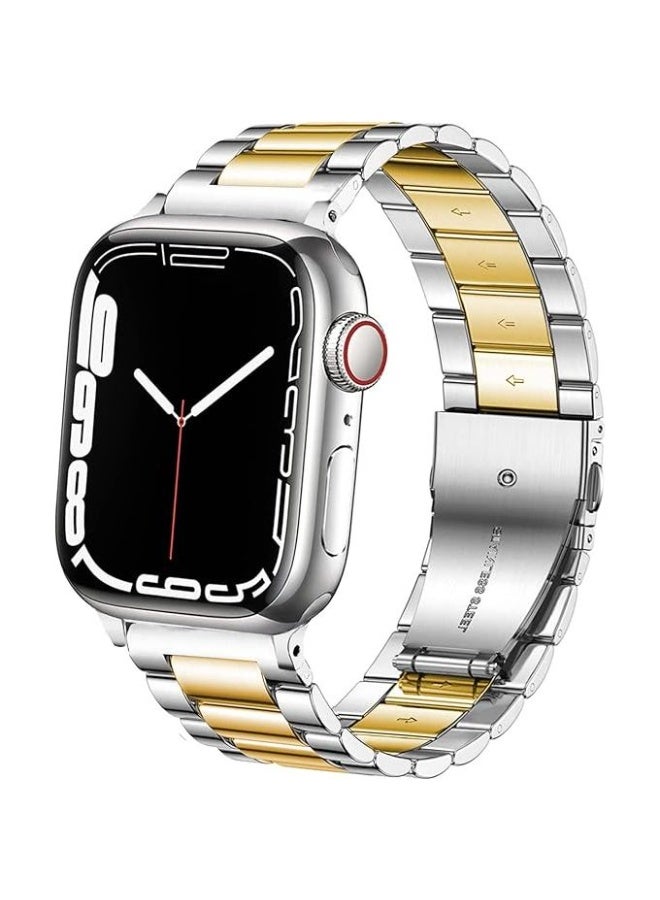 Metal band compatible with Apple Watch 49mm/45mm/44mm/42mm, stainless steel watch strap for iWatch Series 1/2/3/4/5/6/7/8/SE/Ultra/Ultra 2 - Silver and gold - Image 2