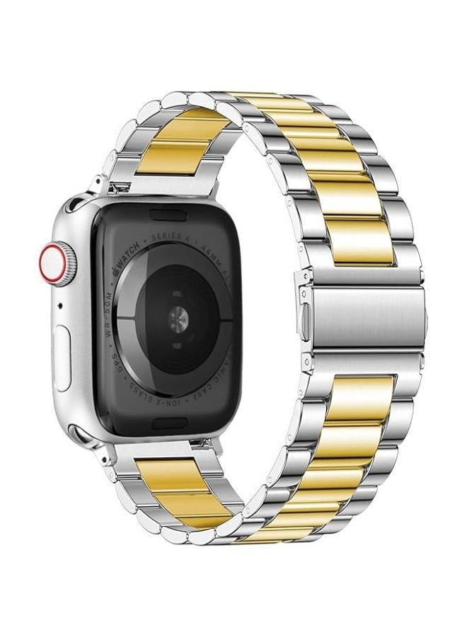 Metal band compatible with Apple Watch 49mm/45mm/44mm/42mm, stainless steel watch strap for iWatch Series 1/2/3/4/5/6/7/8/SE/Ultra/Ultra 2 - Silver and gold - Image 1