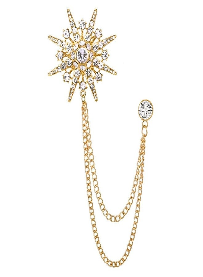 Izpack Sparkling Star Burst Chain Brooch Pin Crystal Rhinestone Snowflake Hanging Long Tassel Pins Clip Lapel Collar Suit Dress Hat Tuxedo Badges Clothes Accessories Brooches Pins Dainty Wedding Party Jewelry Gifts for Women Men Bridegroom (Gold) - Image 1