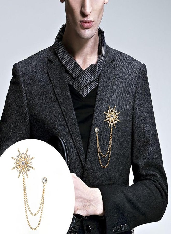 Izpack Sparkling Star Burst Chain Brooch Pin Crystal Rhinestone Snowflake Hanging Long Tassel Pins Clip Lapel Collar Suit Dress Hat Tuxedo Badges Clothes Accessories Brooches Pins Dainty Wedding Party Jewelry Gifts for Women Men Bridegroom (Gold) - Image 3