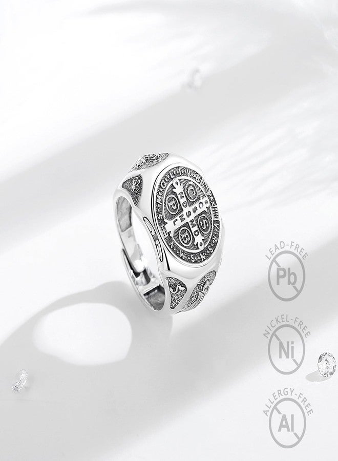 EUDORA S925 Sterling Silver St Benedict Ring San Benito Rings for Women Men, Vintage Saint Benedict Amulet Adjustable Ring Christian Catholic Jewelry Gifts for Women Mens Mother Father - Image 2