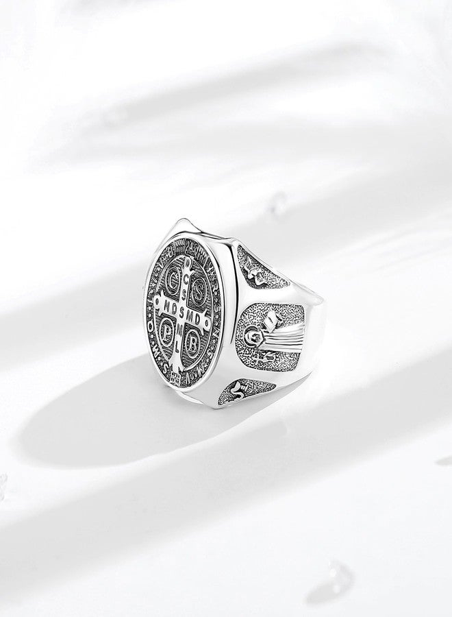 EUDORA S925 Sterling Silver St Benedict Ring San Benito Rings for Women Men, Vintage Saint Benedict Amulet Adjustable Ring Christian Catholic Jewelry Gifts for Women Mens Mother Father - Image 3