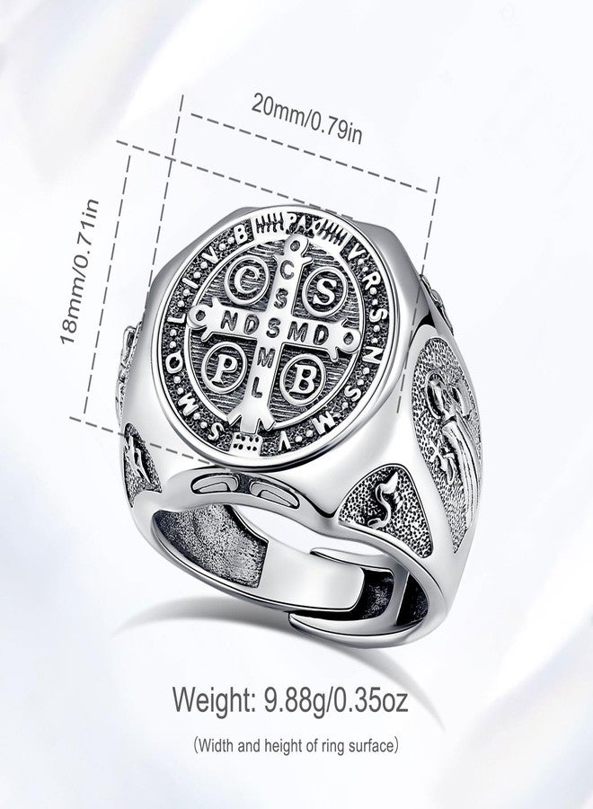 EUDORA S925 Sterling Silver St Benedict Ring San Benito Rings for Women Men, Vintage Saint Benedict Amulet Adjustable Ring Christian Catholic Jewelry Gifts for Women Mens Mother Father - Image 4