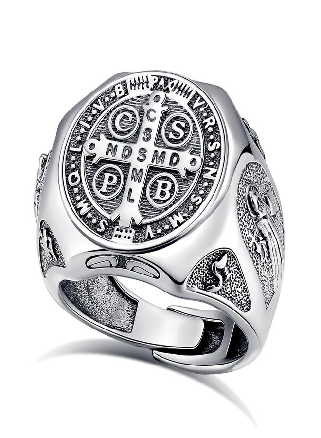 EUDORA S925 Sterling Silver St Benedict Ring San Benito Rings for Women Men, Vintage Saint Benedict Amulet Adjustable Ring Christian Catholic Jewelry Gifts for Women Mens Mother Father - Image 1