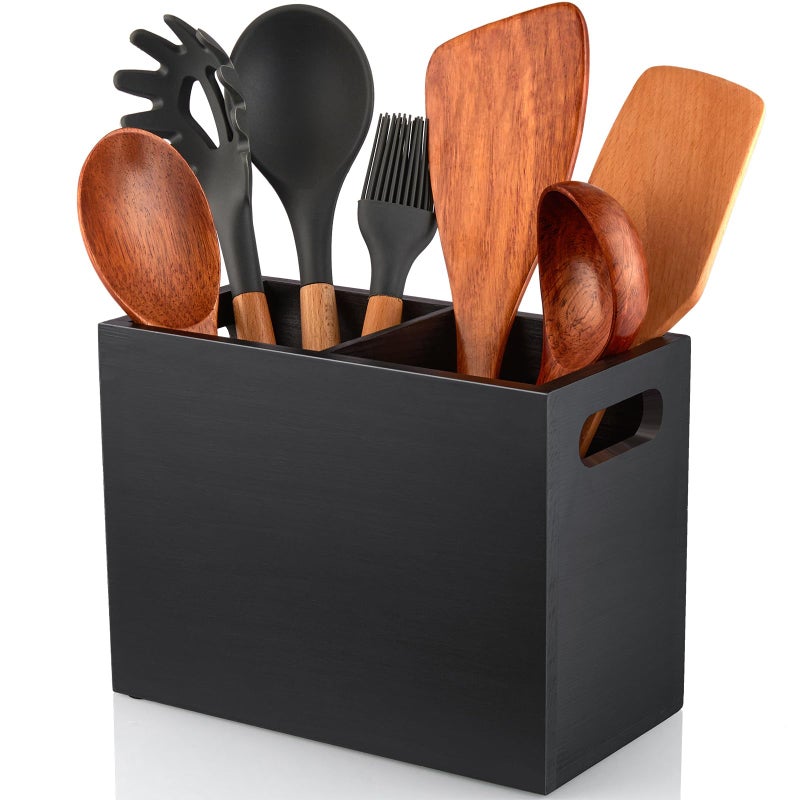 ALELION Black Utensil Holder for Kitchen Counter - 2 Compartment Large Kitchen Utensil Caddy Organizer for Countertop - Kitchen Tool Holder for Spatula Ladles - Image 1