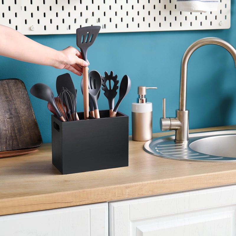 ALELION Black Utensil Holder for Kitchen Counter - 2 Compartment Large Kitchen Utensil Caddy Organizer for Countertop - Kitchen Tool Holder for Spatula Ladles - Image 2