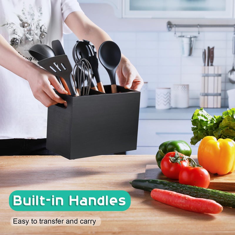ALELION Black Utensil Holder for Kitchen Counter - 2 Compartment Large Kitchen Utensil Caddy Organizer for Countertop - Kitchen Tool Holder for Spatula Ladles - Image 3