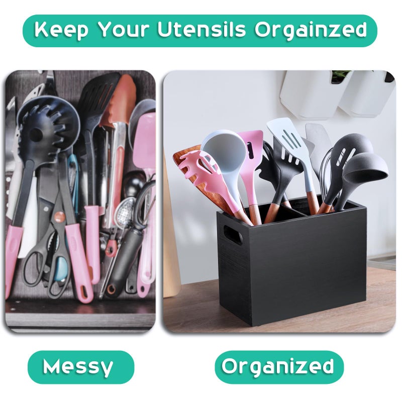 ALELION Black Utensil Holder for Kitchen Counter - 2 Compartment Large Kitchen Utensil Caddy Organizer for Countertop - Kitchen Tool Holder for Spatula Ladles - Image 4