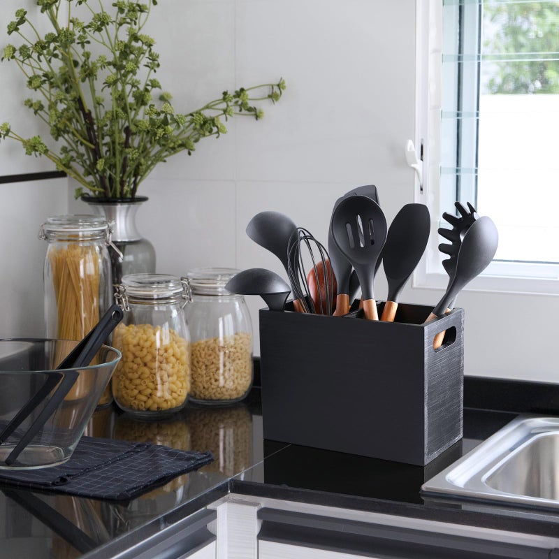 ALELION Black Utensil Holder for Kitchen Counter - 2 Compartment Large Kitchen Utensil Caddy Organizer for Countertop - Kitchen Tool Holder for Spatula Ladles - Image 5