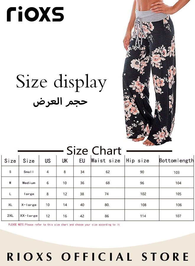 RIOXS Women's Casual Pants Stretch Floral Print Drawstring Trousers High Waisted Wide Leg Lounge Pants With Pockets  - Image 3