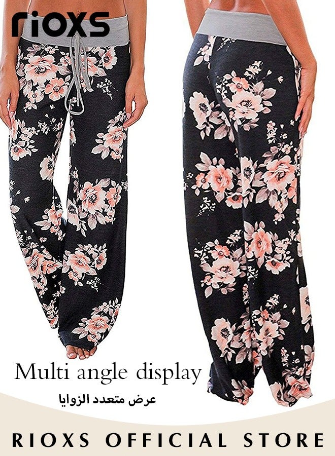 RIOXS Women's Casual Pants Stretch Floral Print Drawstring Trousers High Waisted Wide Leg Lounge Pants With Pockets  - Image 4