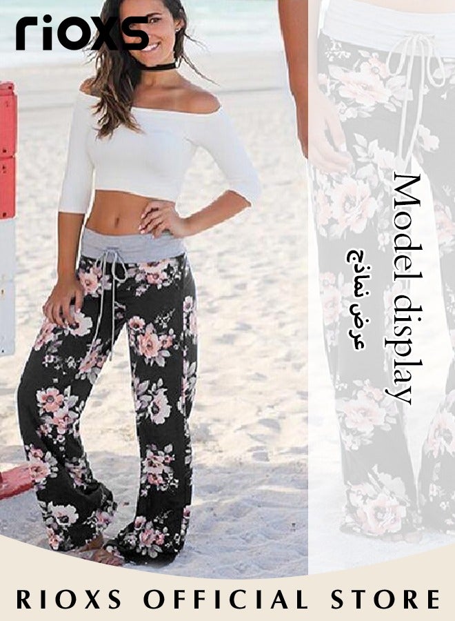 RIOXS Women's Casual Pants Stretch Floral Print Drawstring Trousers High Waisted Wide Leg Lounge Pants With Pockets  - Image 5