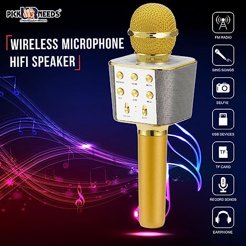 Pick Ur Needs Wireless Karaoke Mic for Singing Bluetooth Microphone Connection Player Speaker 2-in1 with Recording + USB+FM (Golden Boom) - Image 3