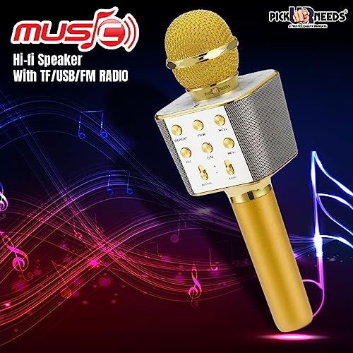 Pick Ur Needs Wireless Karaoke Mic for Singing Bluetooth Microphone Connection Player Speaker 2-in1 with Recording + USB+FM (Golden Boom) - Image 2