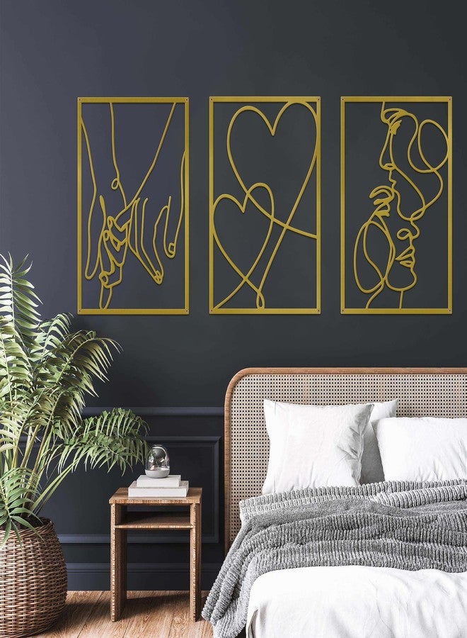 ESTART 3 Pieces Metal Minimalist Line Wall Art, Valentine's Day Lover Kiss Hand Metal Wall Decor, Aesthetic Modern Home Hanging Wall Art Decor for Bedroom Bathroom Living Room (Gold) - Image 1