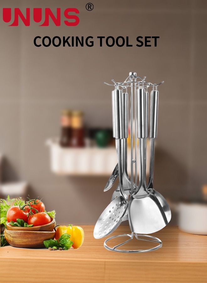 UNUNS Stainless Steel Cooking Tool Set,6-Piece Kitchen Utensils Set With Holder,Silver - Image 1