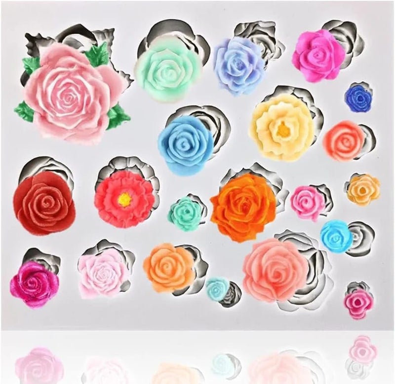 Husaini Mart HUSAINI MART Multicolour Roses Flower Silicone Mold 21 Cavity Mini Rose Fondant Mold for Sugarcraft Cake Decoration Gumpaste Icing Polymer Clay Chocolate etc  - Image 1