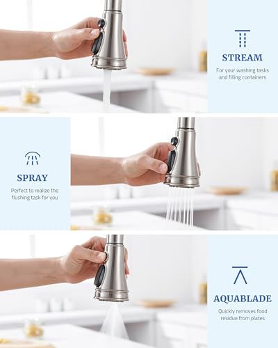 PerPaiMe Kitchen Faucet Spray Head Replacement - Pull Down Faucet Sprayer Head with 15 Adapters, 3-Function Kitchen Sink Faucet Head, Replacement Pull Out Faucet Head, Brushed Nickel - Image 4