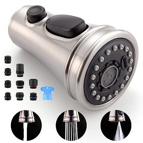 PerPaiMe Kitchen Faucet Spray Head Replacement - Pull Down Faucet Sprayer Head with 15 Adapters, 3-Function Kitchen Sink Faucet Head, Replacement Pull Out Faucet Head, Brushed Nickel - Image 1