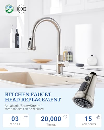 PerPaiMe Kitchen Faucet Spray Head Replacement - Pull Down Faucet Sprayer Head with 15 Adapters, 3-Function Kitchen Sink Faucet Head, Replacement Pull Out Faucet Head, Brushed Nickel - Image 2
