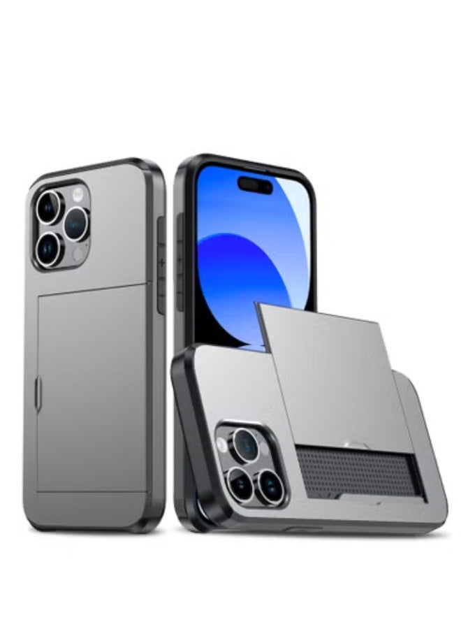 GULFLINK iPhone 15 Pro Case with Card Holder Heavy Duty Protective Dual Layer Shockproof Hidden Card Slot Wallet Case Grey