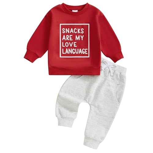 allshope Baby Boy Fall Clothes Set Long Sleeve Letter Print Sweatshirt Pants Valentines Day Outfits 6 12 18 24 Months 2T (Snacks Red, 12-18 Months) - Image 1