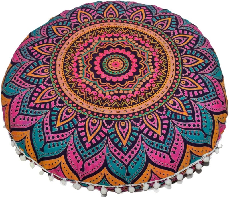 CRAFT KALA غطاء وسادة أرضية للتأمل مستديرة مقاس 32 بوصة من CRAFT KALA، وسادة جلوس، بوهيمية زخرفية، غطاء وسادة أرضية ماندالا، لليوجا في الهواء الطلق، غرفة المعيشة، وسادة عثمانية (32 بوصة، أومبري وردي جديد) - Image 5