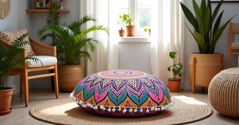 CRAFT KALA غطاء وسادة أرضية للتأمل مستديرة مقاس 32 بوصة من CRAFT KALA، وسادة جلوس، بوهيمية زخرفية، غطاء وسادة أرضية ماندالا، لليوجا في الهواء الطلق، غرفة المعيشة، وسادة عثمانية (32 بوصة، أومبري وردي جديد) - Image 4