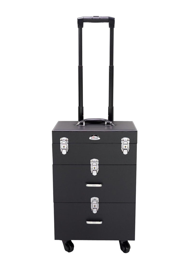 SUNRISE - Professional Rolling Makeup Train Case, Hair Stylist, Nail & Makeup Artist Travel Case, Faux Leather, Black - Image 1