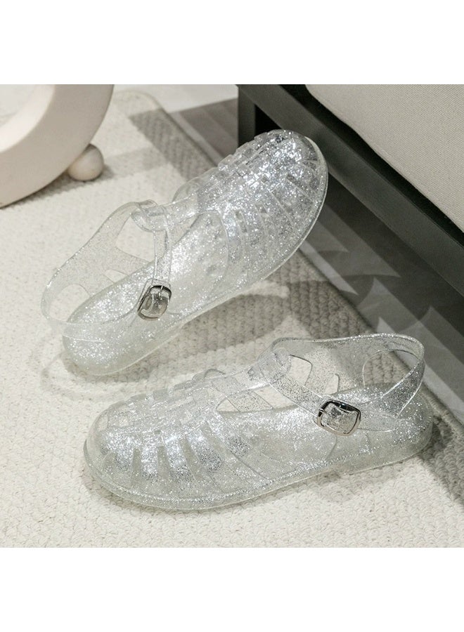Women's Glitter Jelly Roman Flat Sandals Closed Toe Summer Beach Casual Shoes - Image 2