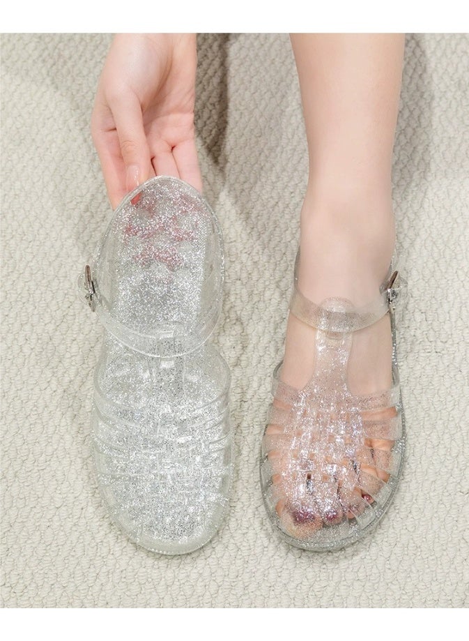 Women's Glitter Jelly Roman Flat Sandals Closed Toe Summer Beach Casual Shoes - Image 3