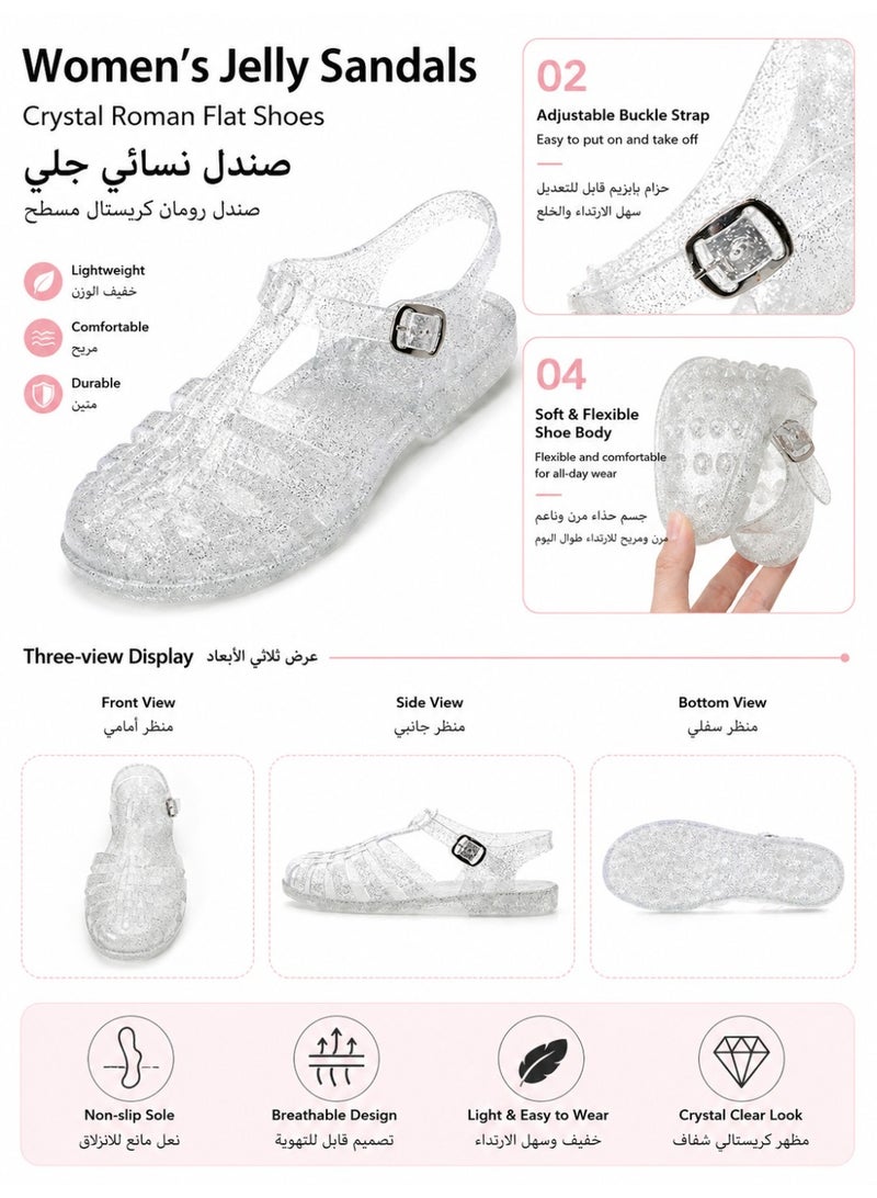 Women's Glitter Jelly Roman Flat Sandals Closed Toe Summer Beach Casual Shoes - Image 5
