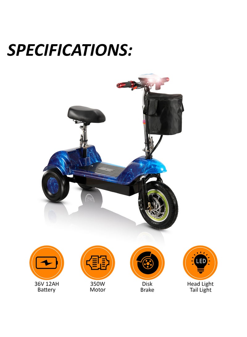 مايتويز سكوتر كهربائي بثلاث عجلات MT740، محرك بدون فرشاة، 350 واط، أقصى سرعة 35 كم/ساعة، إطار أمامي بثلاث تروس مقاس 12 بوصة، إشارات انعطاف خلفية وامضة، سكوتر قابل للطي للتنقل، بطارية حمض الرصاص 36 فولت 12 أمبير/ساعة - Image 2