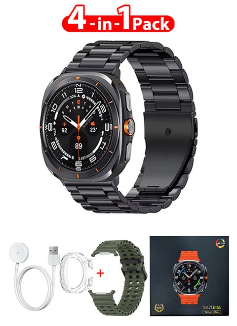 SK7 Ultra Smartwatch Bundle With Accessories Including 1 Black Stainless Steel Band 1 Olive Green Silicone Band a Charging Cable and a TPU Case Protector
