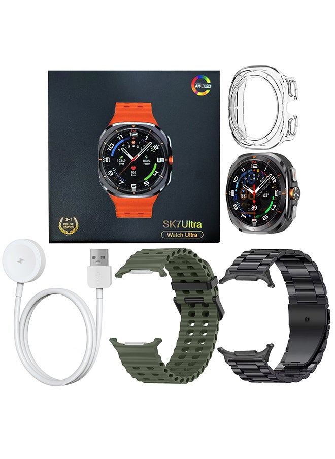SK7 Ultra Smartwatch Bundle With Accessories Including 1 Black Stainless Steel Band 1 Olive Green Silicone Band a Charging Cable and a TPU Case Protector