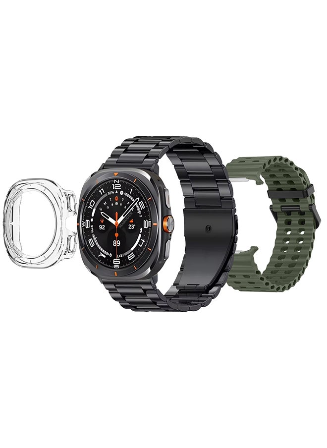 SK7 Ultra Smartwatch Bundle With Accessories Including 1 Black Stainless Steel Band 1 Olive Green Silicone Band a Charging Cable and a TPU Case Protector