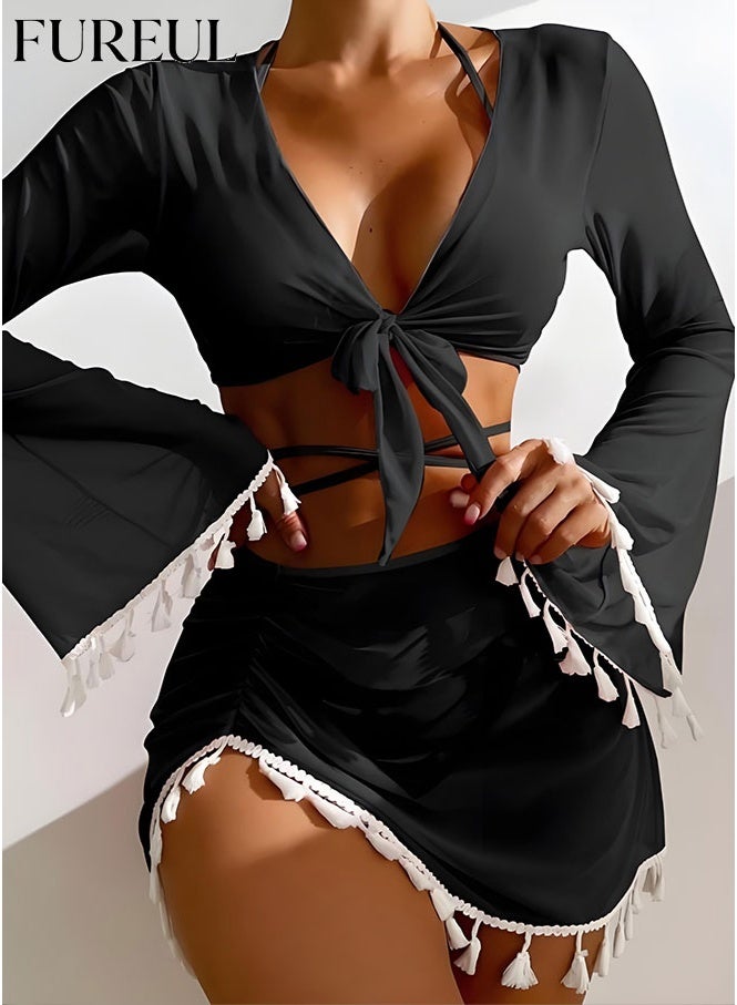 فوريول بكيني نسائي من 4 قطع مع قميص شيفون مزين بالخرز لحماية من الشمس، وتنورة قصيرة مقسمة، وتصميم حمالة صدر مع حزام رفيع. - Image 1