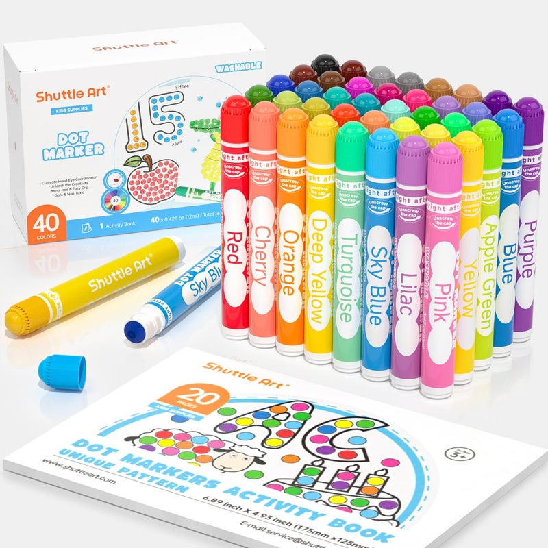 Shuttle Art Dot Markers, 40 Colors Washable for Toddlers with Free Activity Book, Bingo Daubers Supplies for Kids Preschool Children, Non Toxic Water-Based Dot Art Markers - Image 1