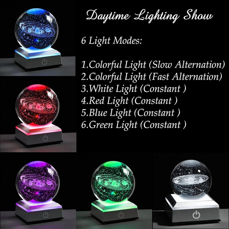 Qianwei 3D Solar System Crystal Ball Night Light 80mm, K9 Crystal Planet Model with 6-Mode Color Changing LED Base, Laser Engraved Galaxy Lamp for Bedroom Desk Decor, Astronomy Space Gift for Kids and Adults - Image 4