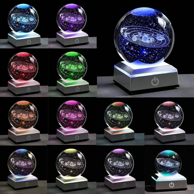 Qianwei 3D Solar System Crystal Ball Night Light 80mm, K9 Crystal Planet Model with 6-Mode Color Changing LED Base, Laser Engraved Galaxy Lamp for Bedroom Desk Decor, Astronomy Space Gift for Kids and Adults - Image 3